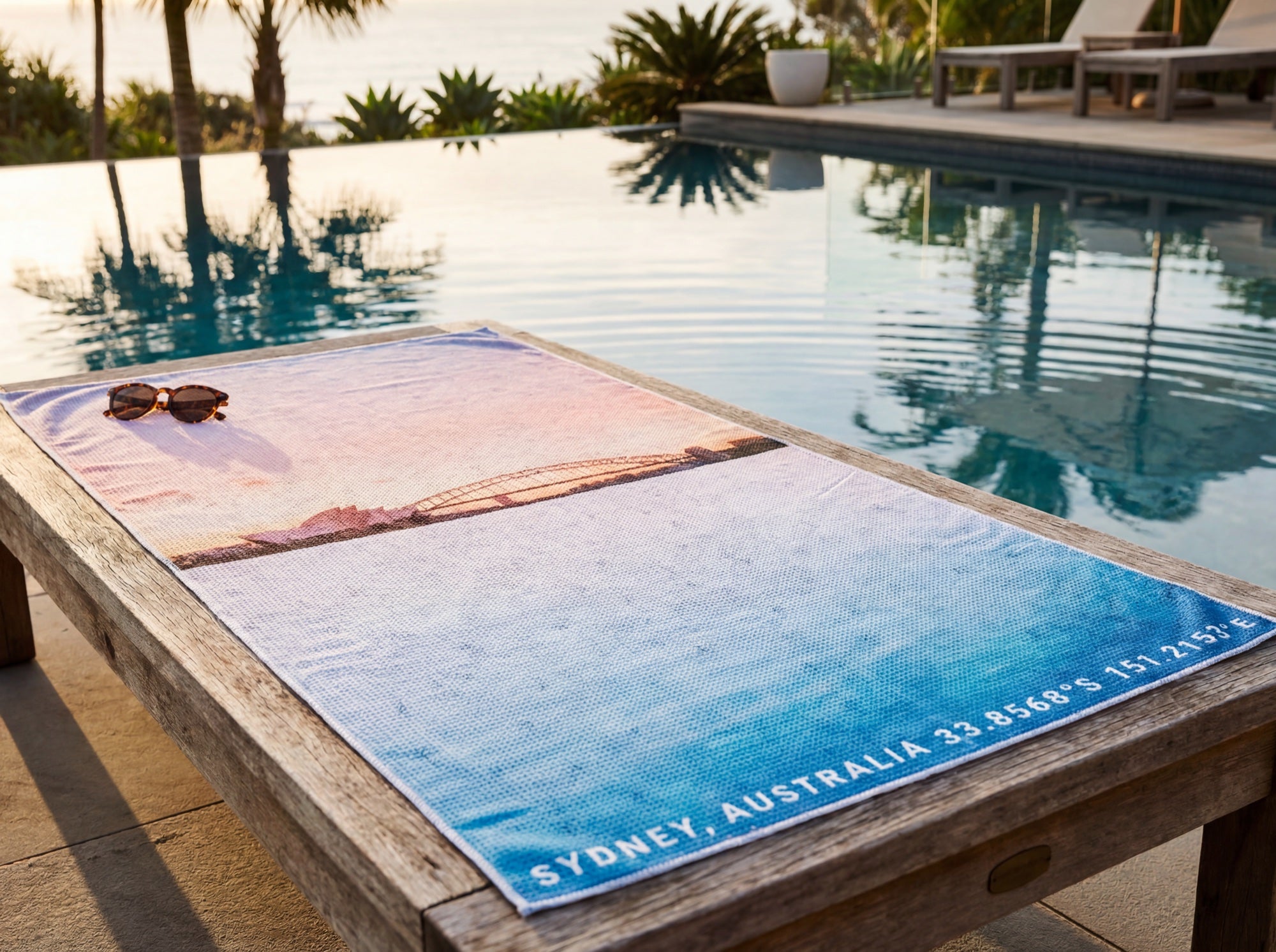 Harbour Pastels Australian beach towel on a poolside lounger showing soft pastel light over Sydney Harbour