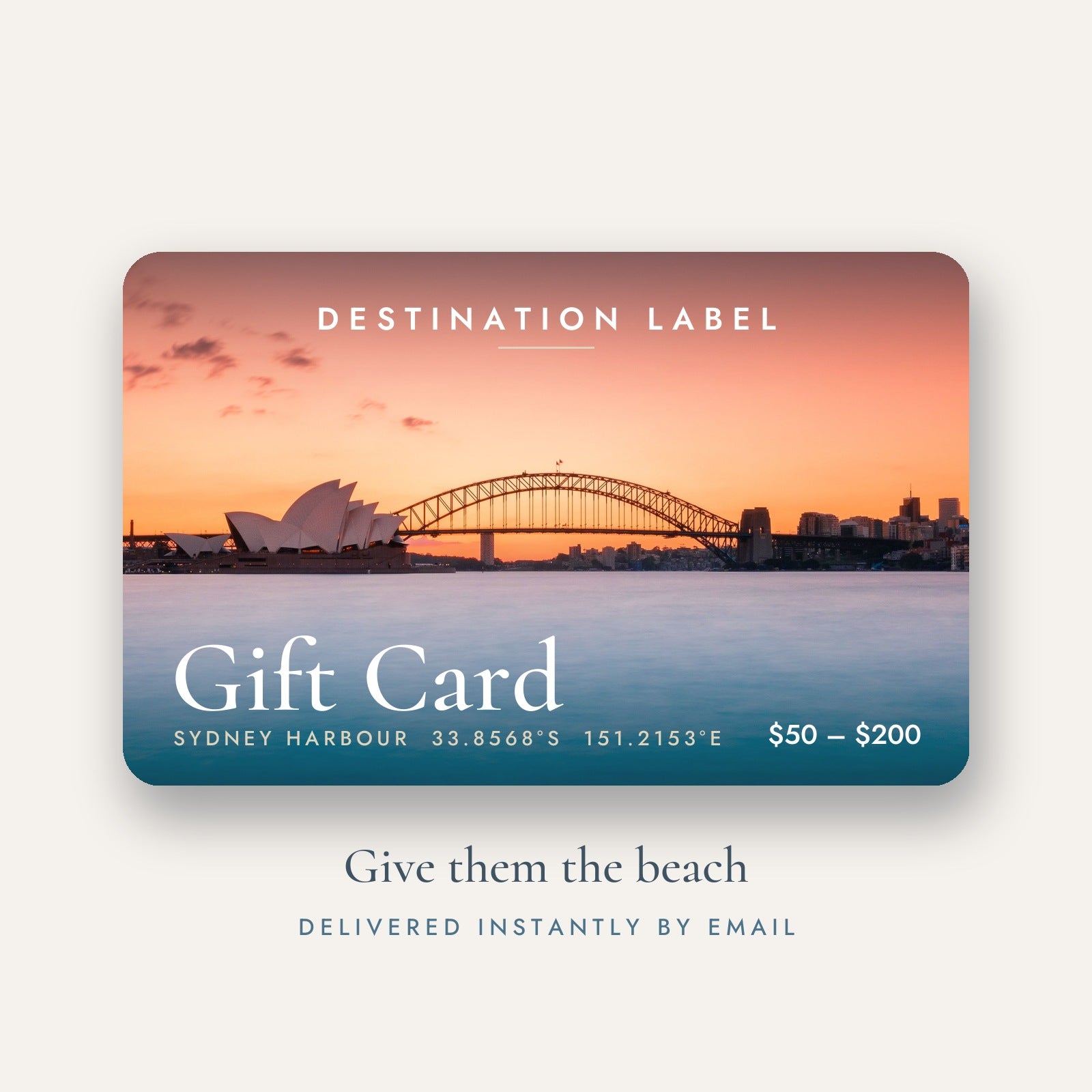 Destination Label digital gift card, $50 to $200, delivered by email