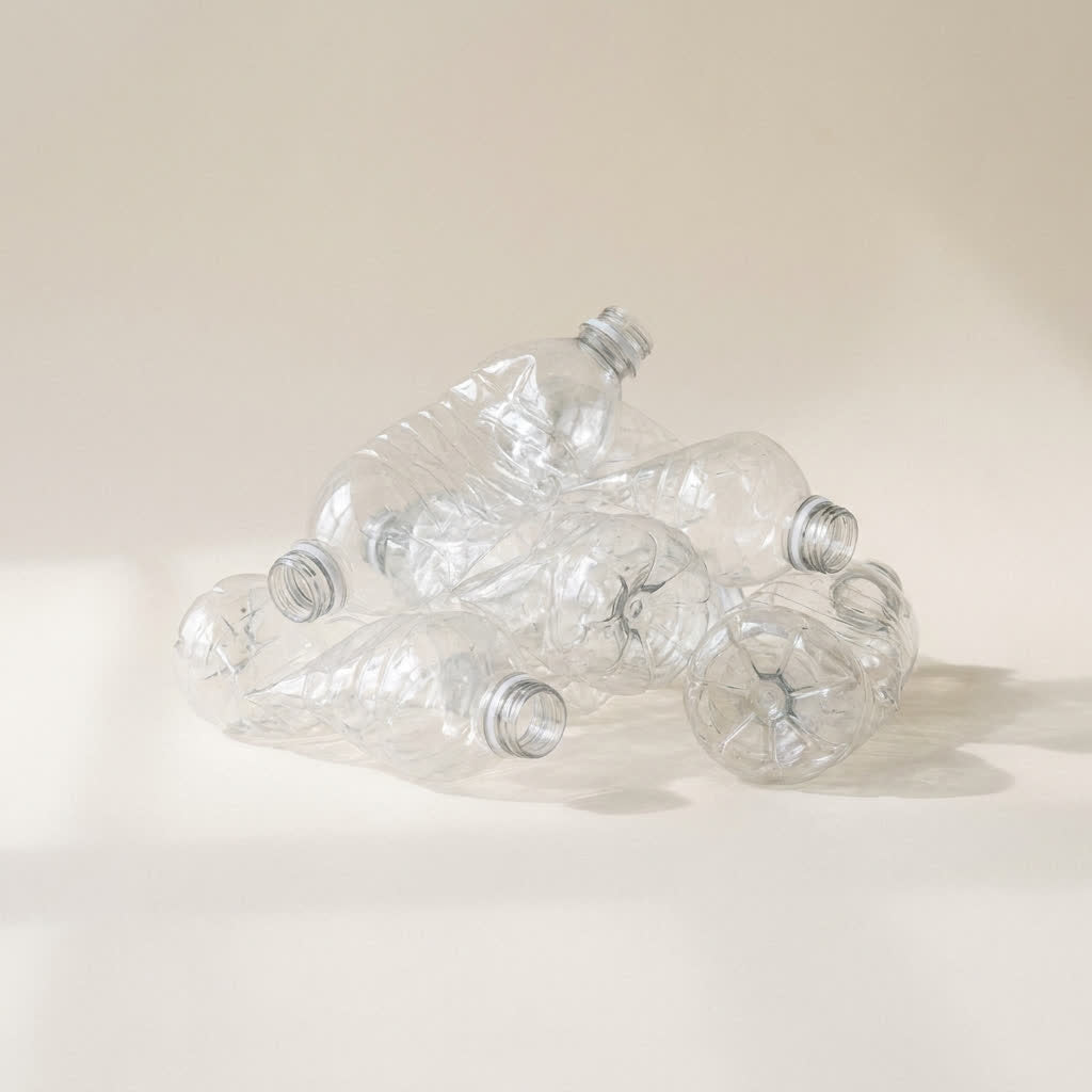 A cluster of clear recycled plastic bottles on a studio background