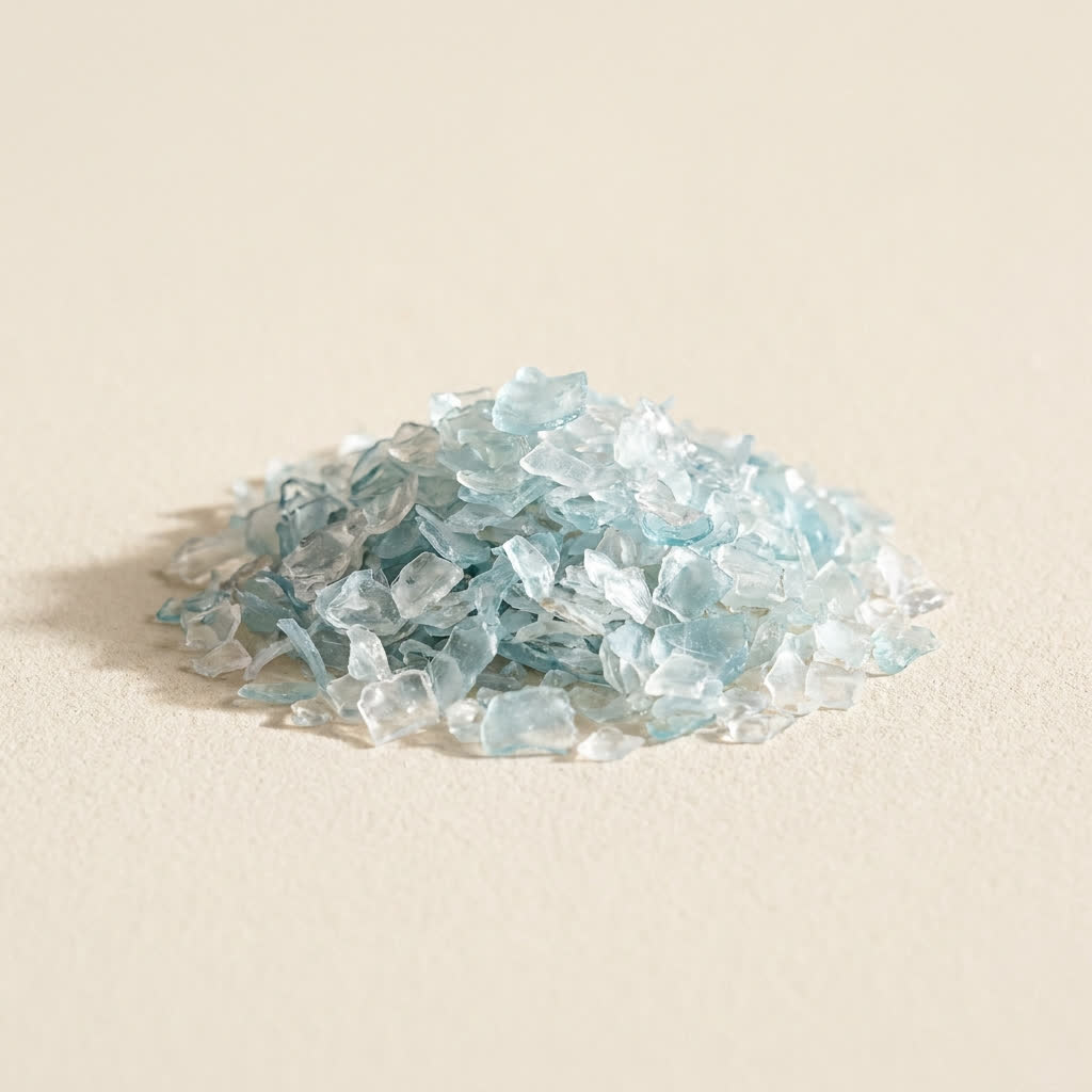 A pile of translucent recycled plastic flakes